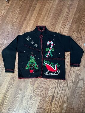 Ship ‘n Shore Sport Black Holiday Crewel Sweater with Festive Tree & Candy Cane